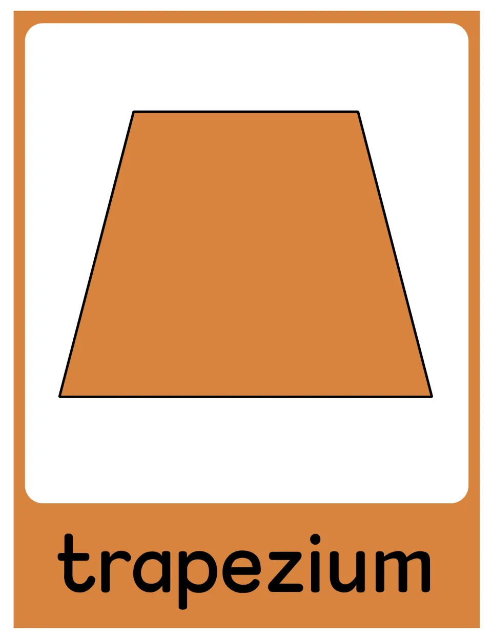 Trapezium poster in the 2D shape set, showing the same orange shape as the trapezoid poster, labeled 'trapezium'.