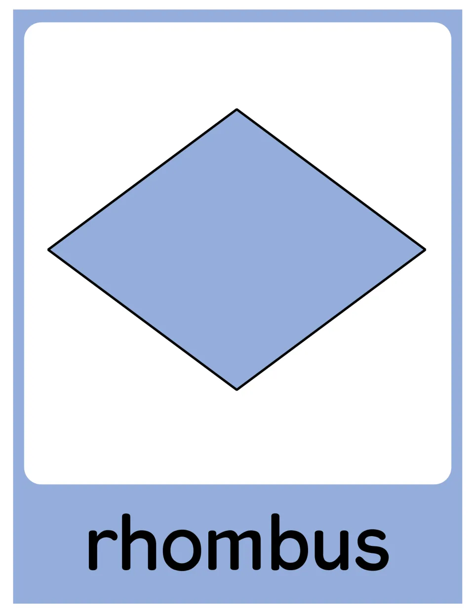 Rhombus poster in the geometry set, showing a blue rhombus labeled “rhombus” without written attributes.