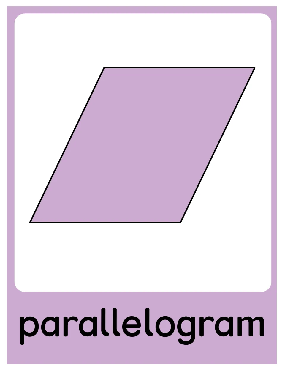 Parallelogram poster in the geometry set, showing a purple shape labeled “parallelogram” without attributes.