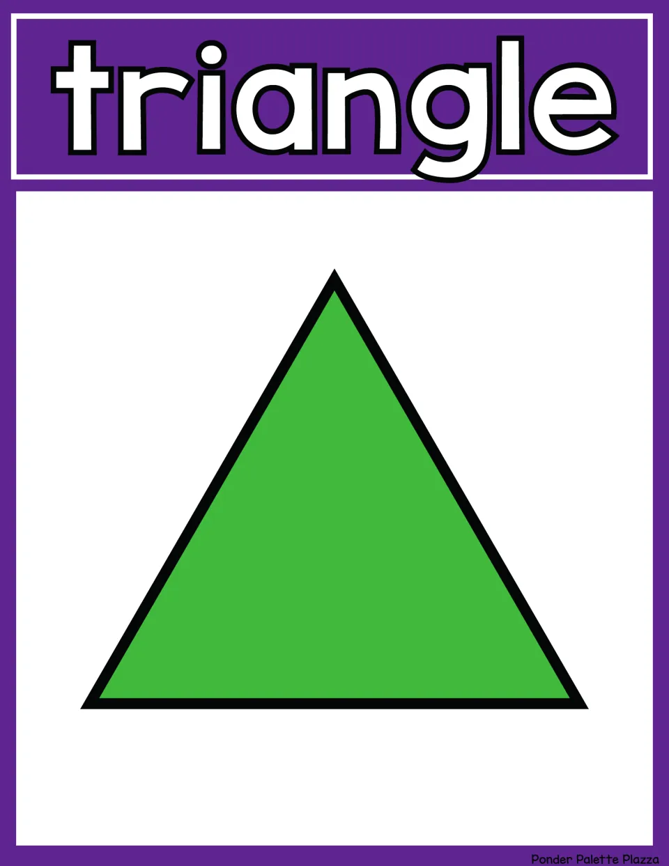 Triangle shape poster: the word triangle in big letters over a green three-sided triangle pointing up, for naming shapes