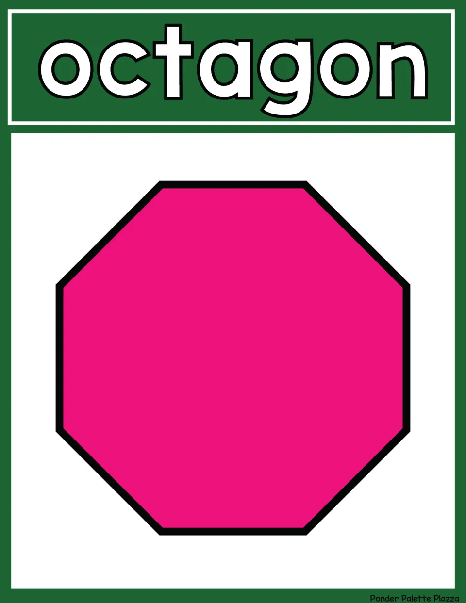 Octagon shape poster: the word octagon above a pink eight-sided octagon, for naming shapes by sides