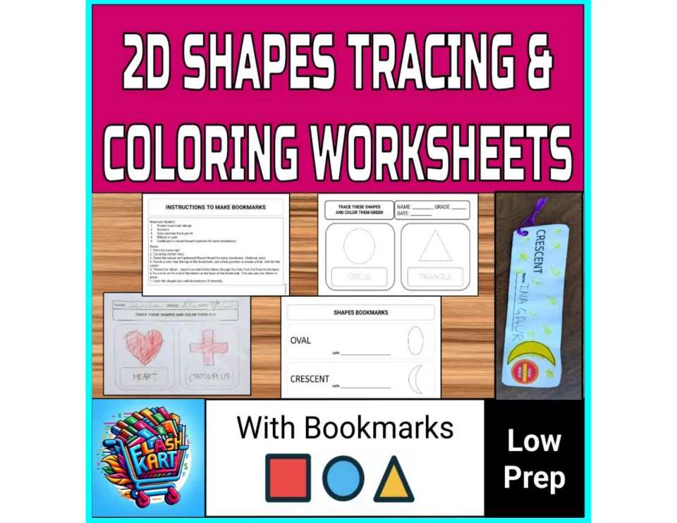 Cover: 2D shapes tracing and coloring worksheets with bookmarks, showing sample trace pages and a colored crescent bookmark
