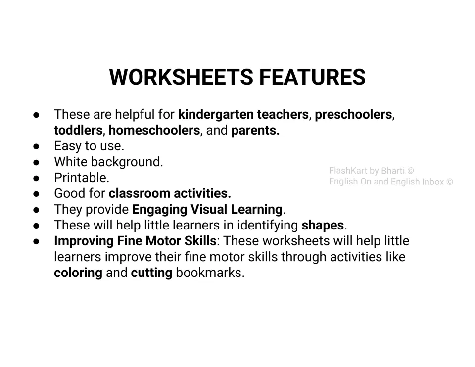 Worksheets features list: printable white-background pages for naming shapes, plus coloring and cutting out bookmarks