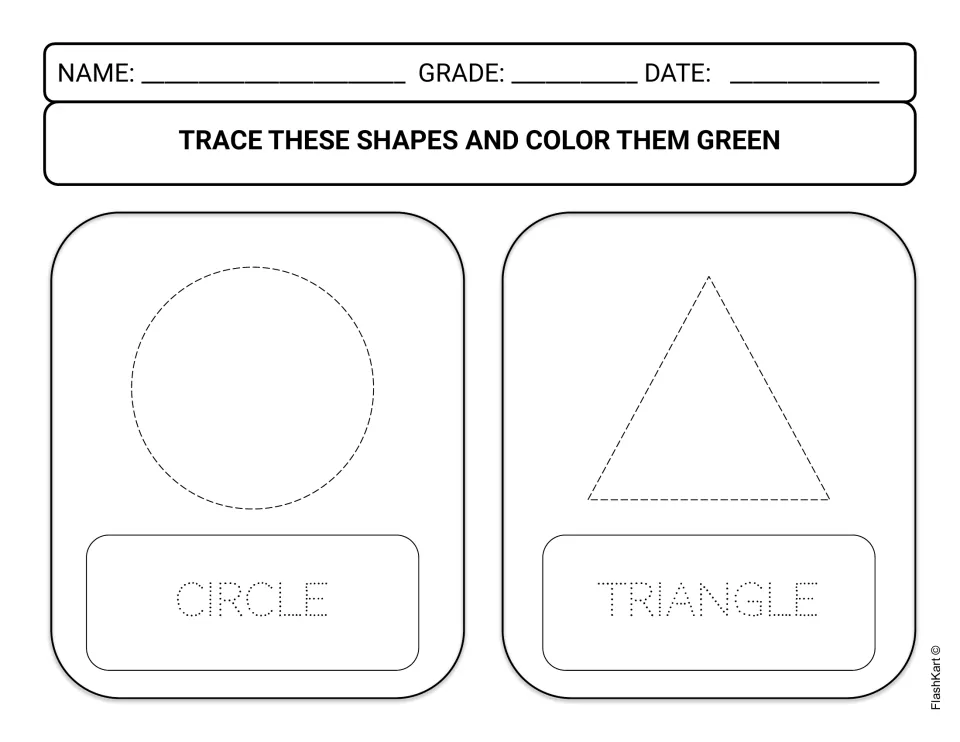 Circle and triangle: students trace the dashed shape outlines and dotted shape names, then color both shapes green