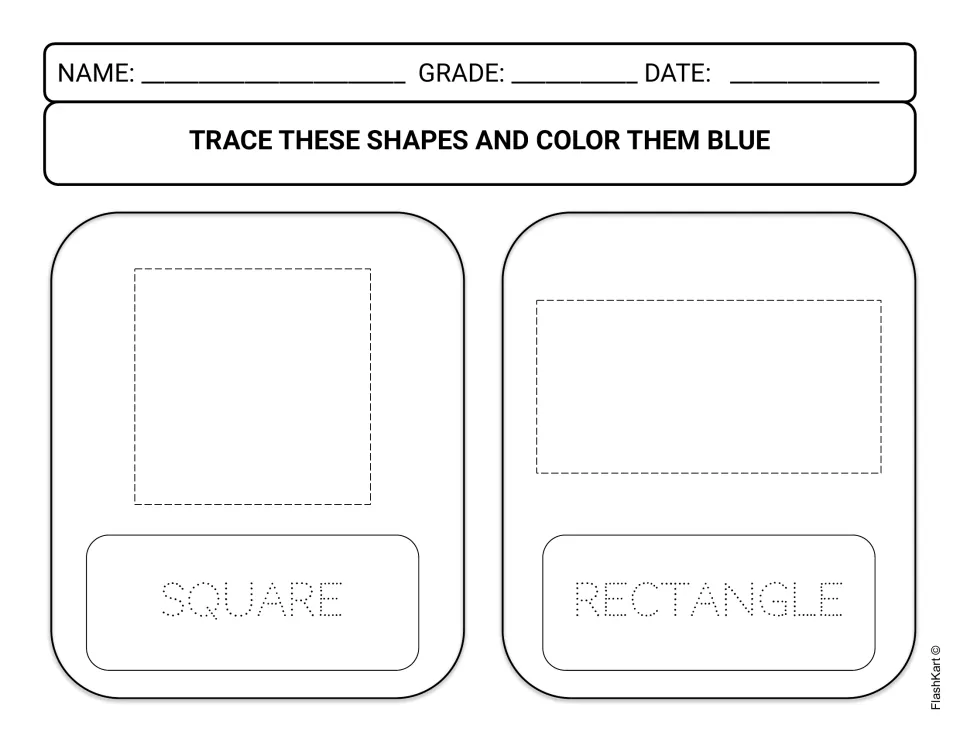 Square and rectangle: students trace dashed outlines of both four-sided shapes and their dotted names, then color them blue