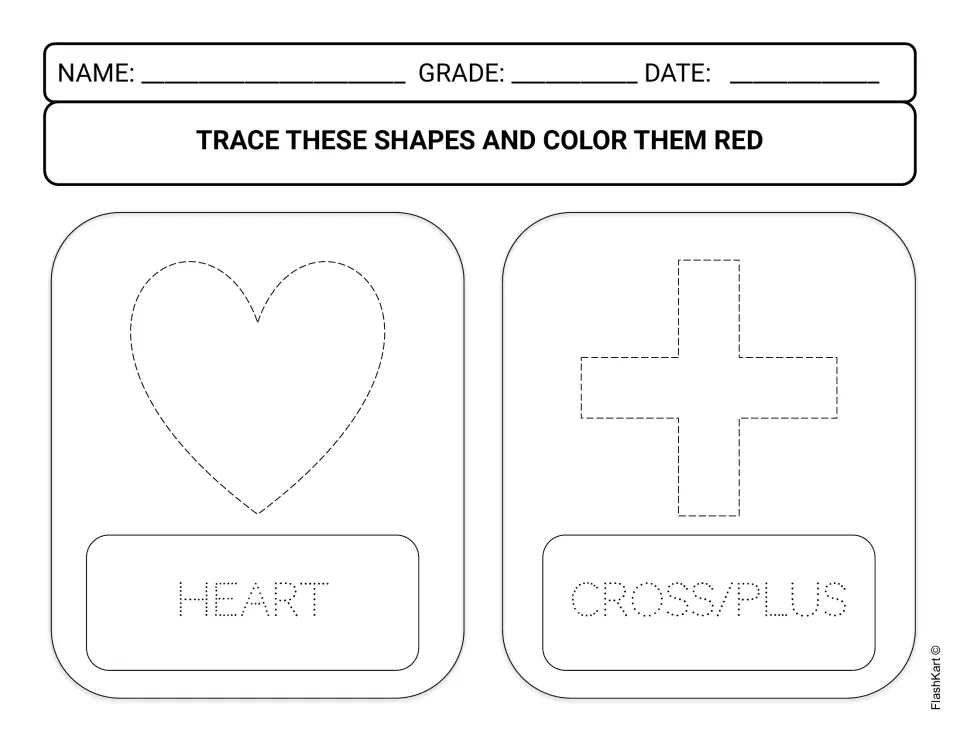 Heart and cross/plus sign: students trace the dashed outlines and dotted shape words, then color both shapes red