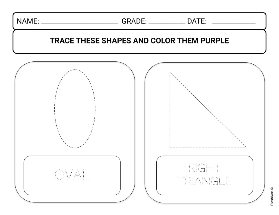 Oval and right triangle: students trace the dashed shape outlines and dotted names, then color both shapes purple