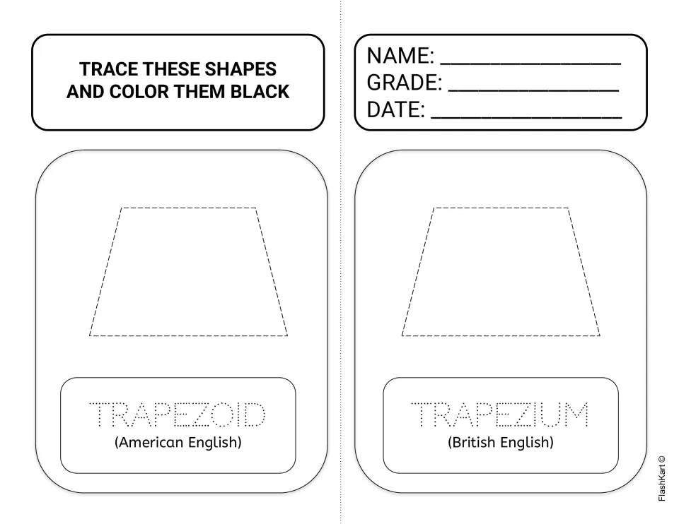 Trapezoid and trapezium: students trace the same shape labeled with its American and British English names, then color black