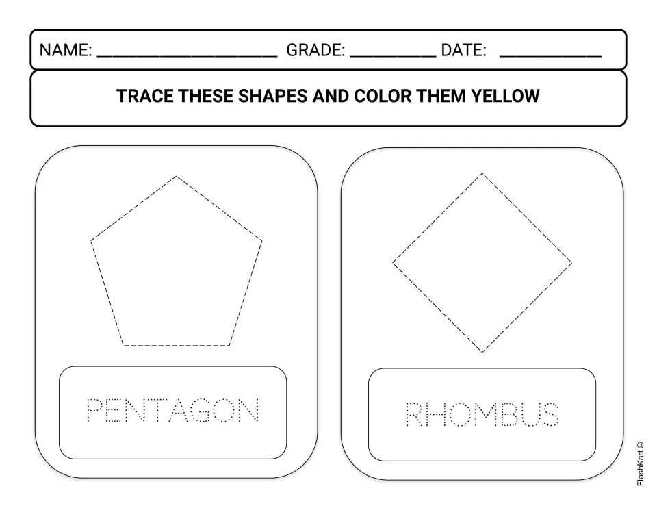 Pentagon and rhombus: students trace the dashed outlines and dotted shape names, then color the pentagon and rhombus yellow