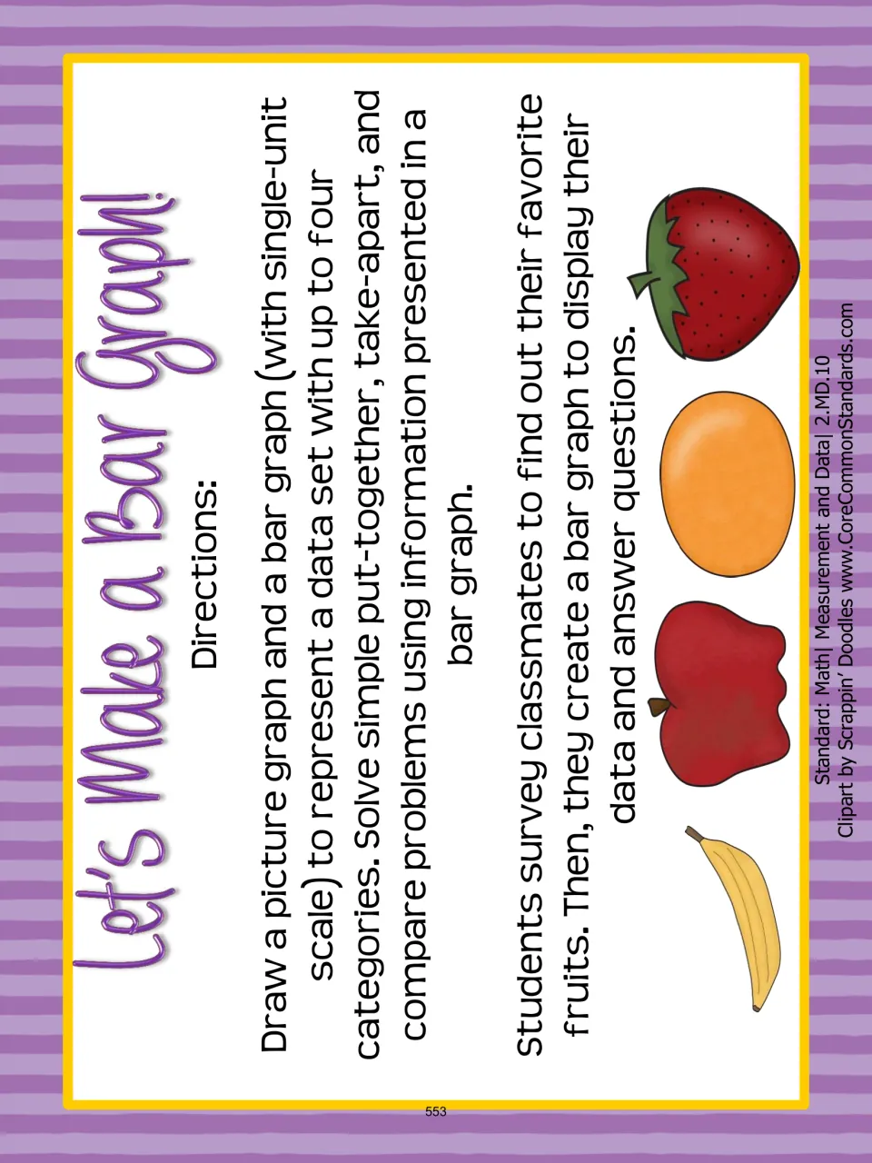 Fruit survey activity directions: ask classmates about favorite fruits, create a bar graph, and answer questions