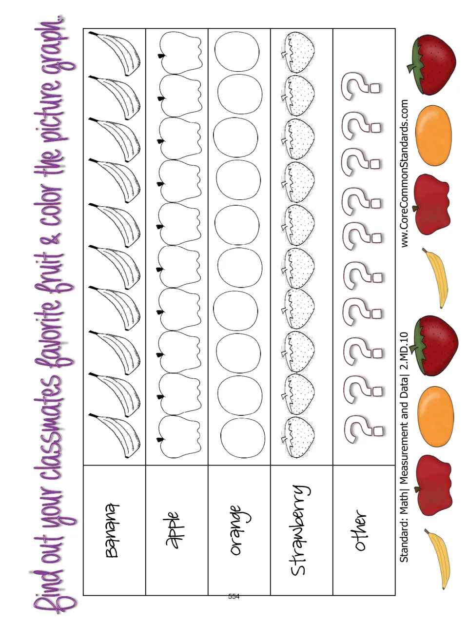 Fruit survey picture graph to color for classmates' choices: banana, apple, orange, strawberry, and other