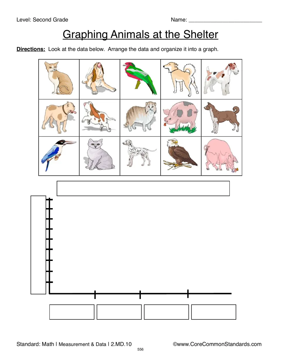 Shelter animal graphing activity: organize 15 pictured dogs, cats, birds, and pigs into a graph