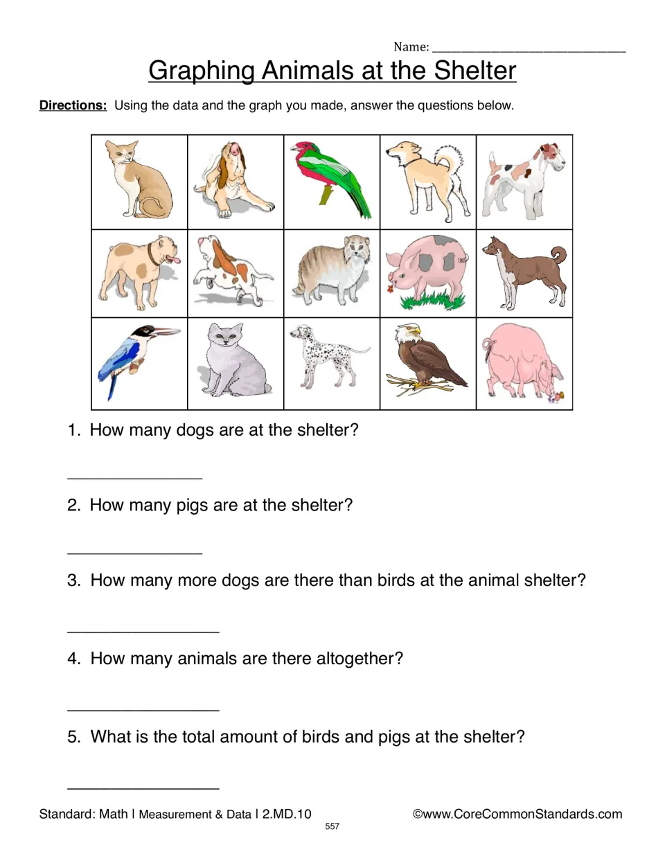 Shelter animal follow-up: five questions ask for dog and pig counts, comparisons, and combined animal totals
