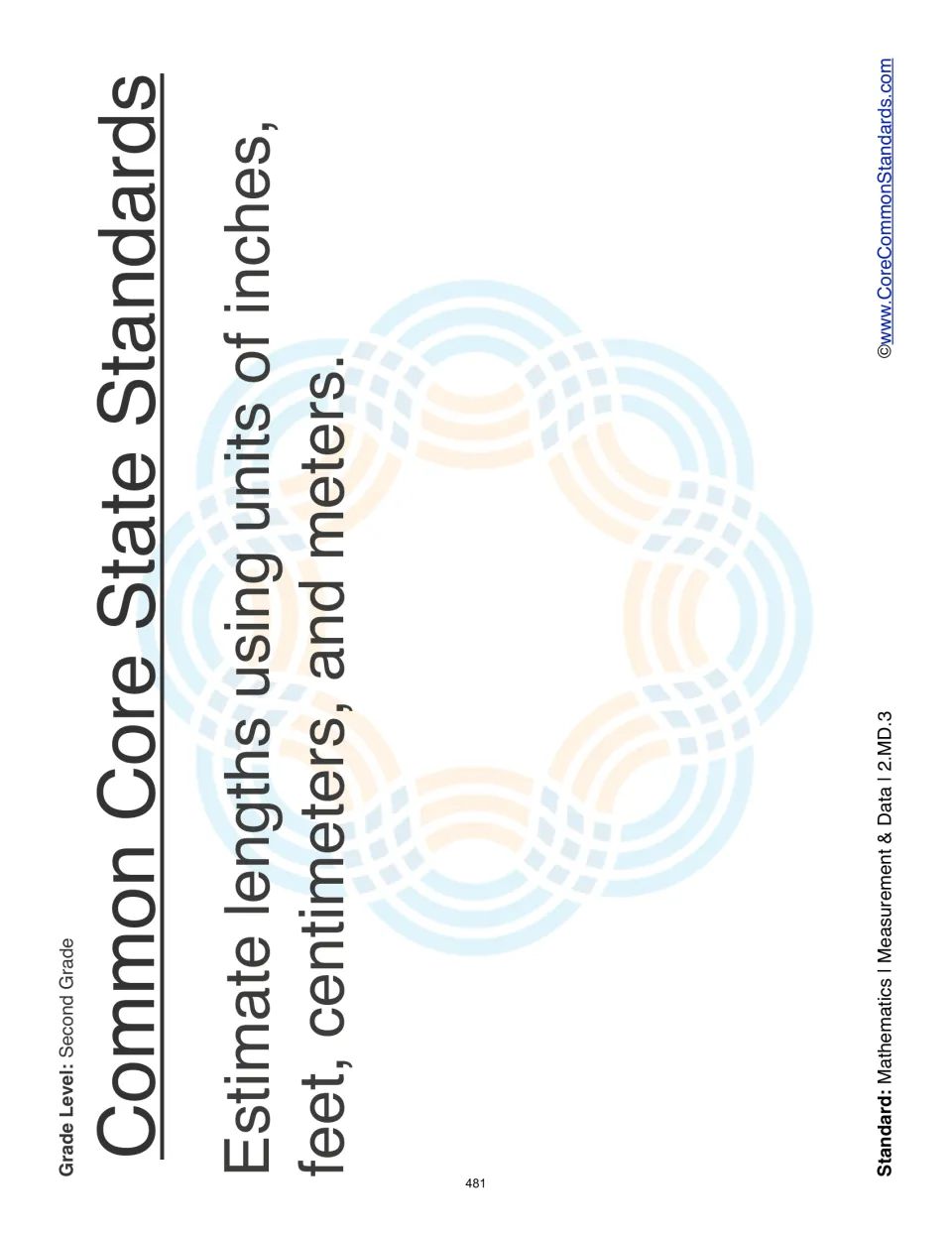 Standards page stating the second-grade goal: estimate lengths using inches, feet, centimeters, and meters