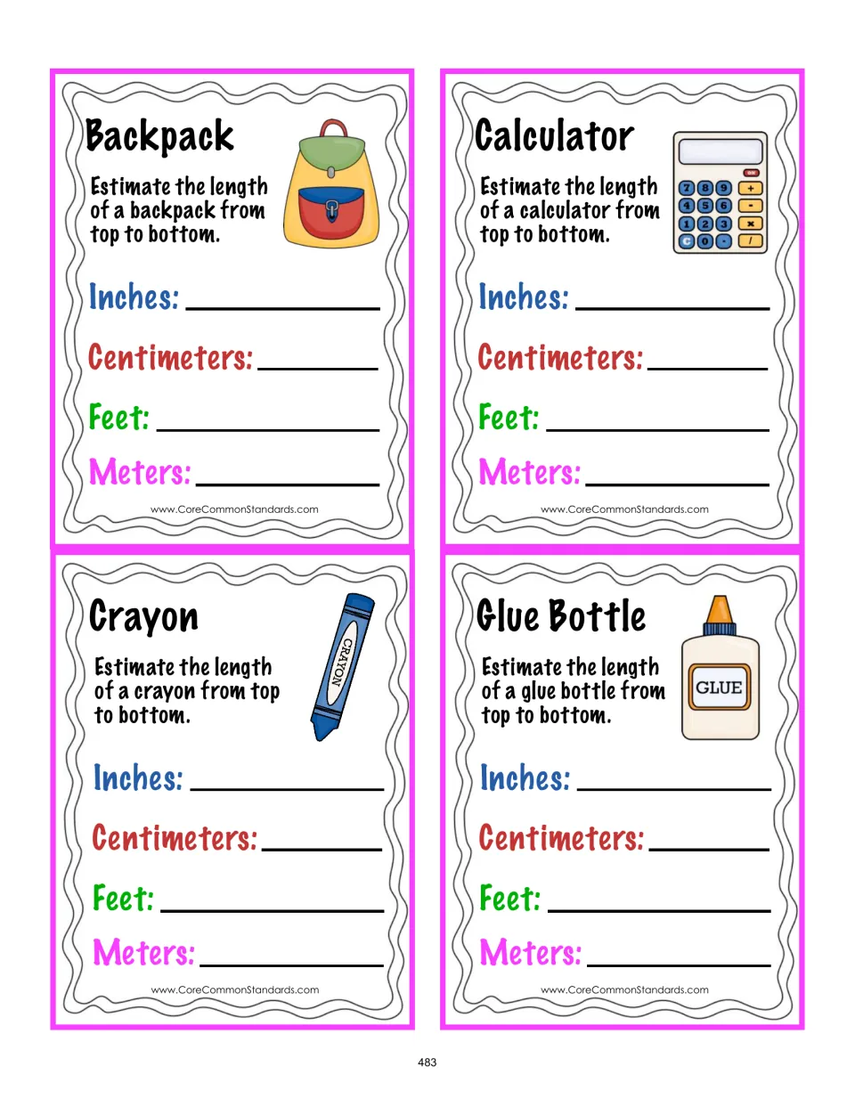 Length-estimation cards for a backpack, calculator, crayon, and glue bottle using four measurement units