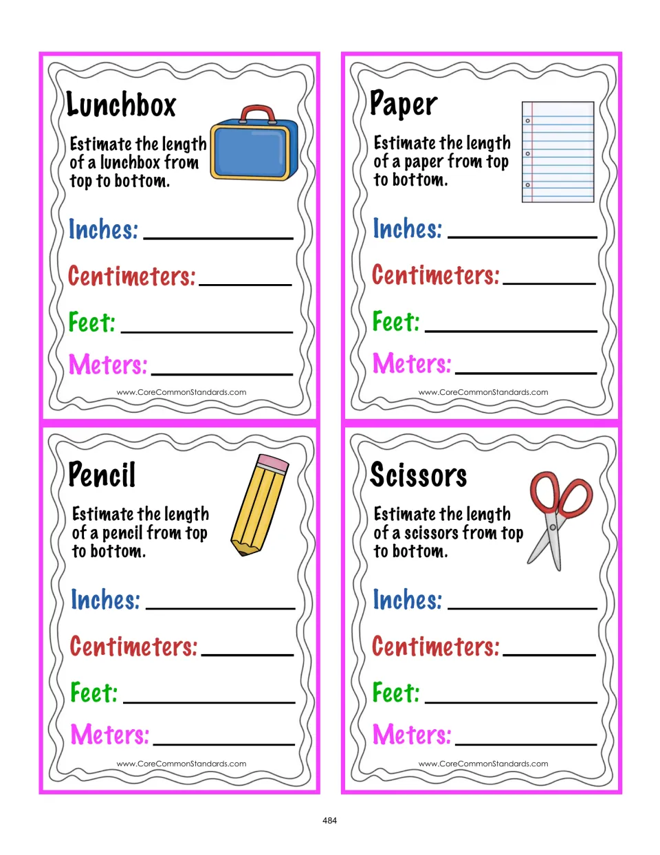 Length-estimation cards for a lunchbox, paper, pencil, and scissors using inches, centimeters, feet, and meters