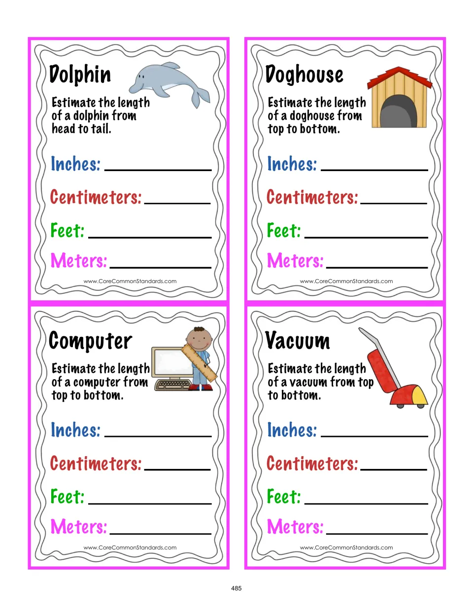 Length-estimation cards for a dolphin, doghouse, computer, and vacuum using four measurement units