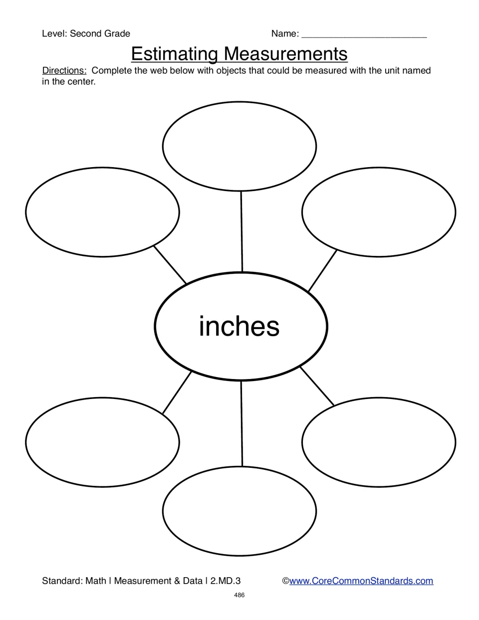 Estimating Measurements worksheet asking students to name six objects that could be measured in inches
