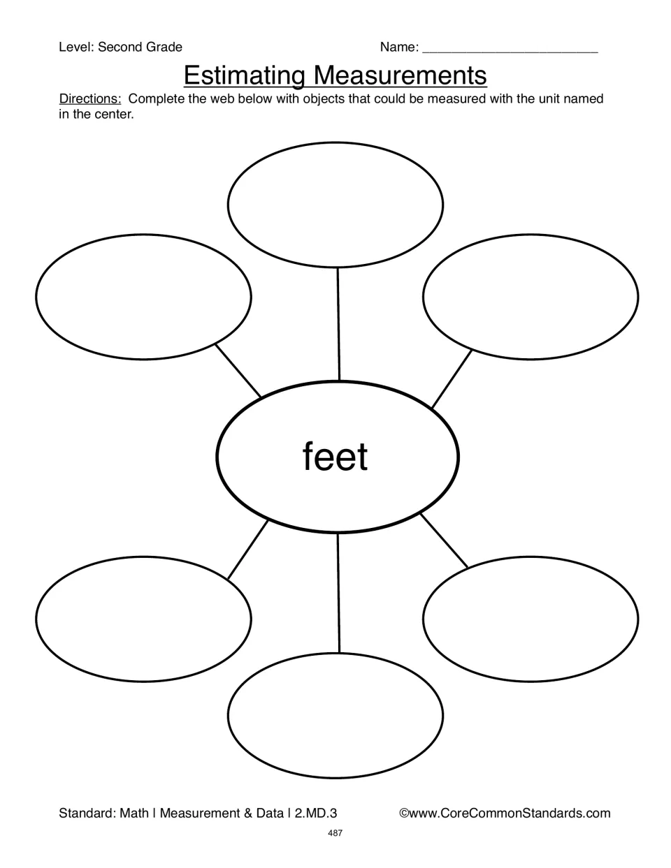 Estimating Measurements worksheet asking students to name six objects that could be measured in feet