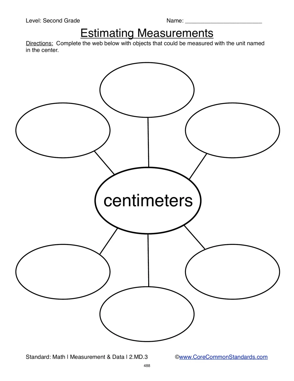 Estimating Measurements worksheet asking students to name six objects that could be measured in centimeters
