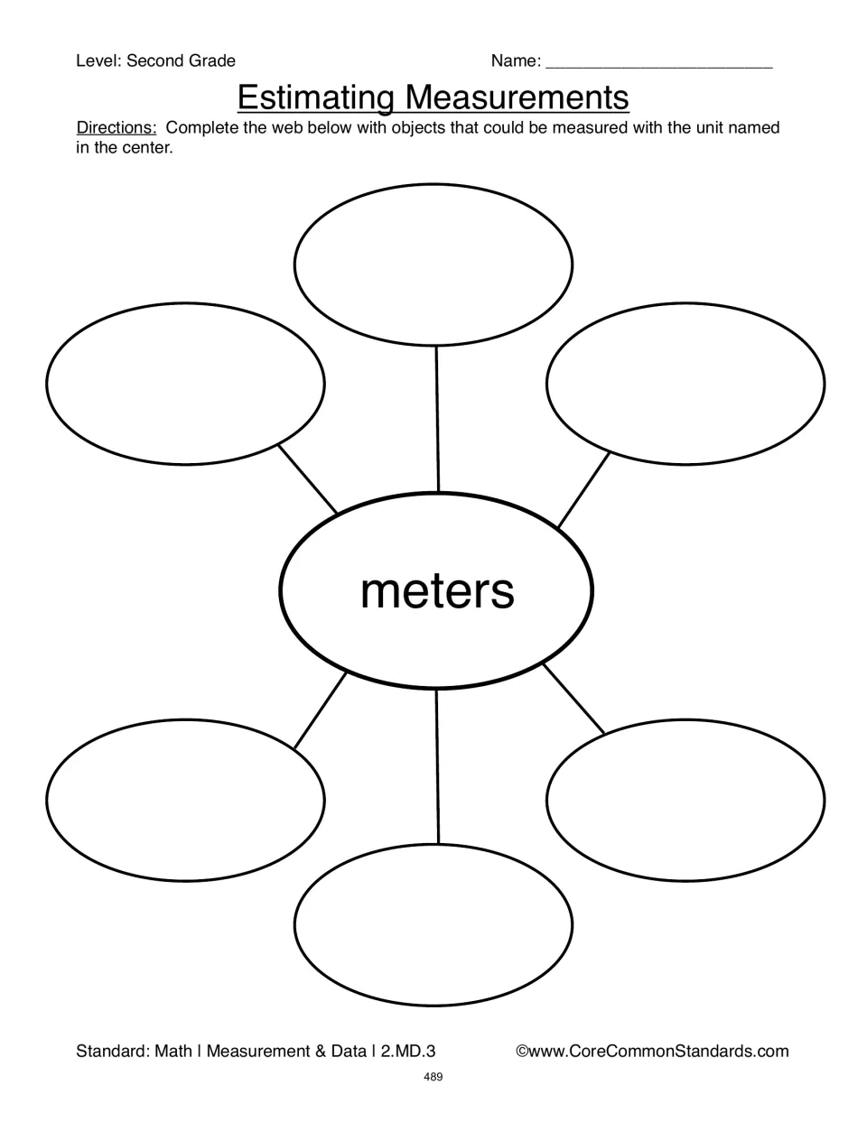 Estimating Measurements worksheet asking students to name six objects that could be measured in meters
