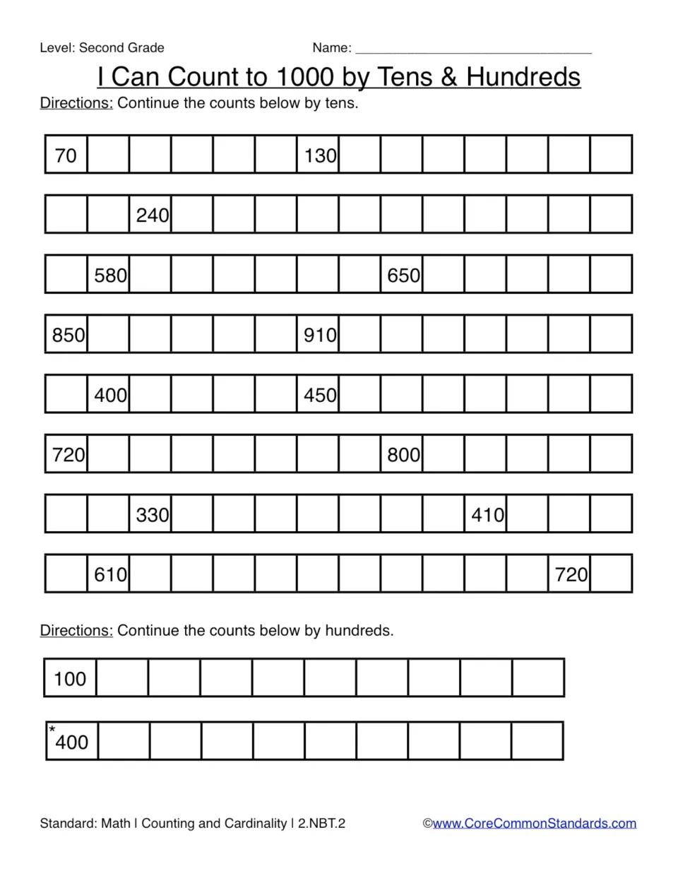 Skip-counting practice: eight sequences by tens, including 70 and 130, and two by hundreds from 100 and 400.