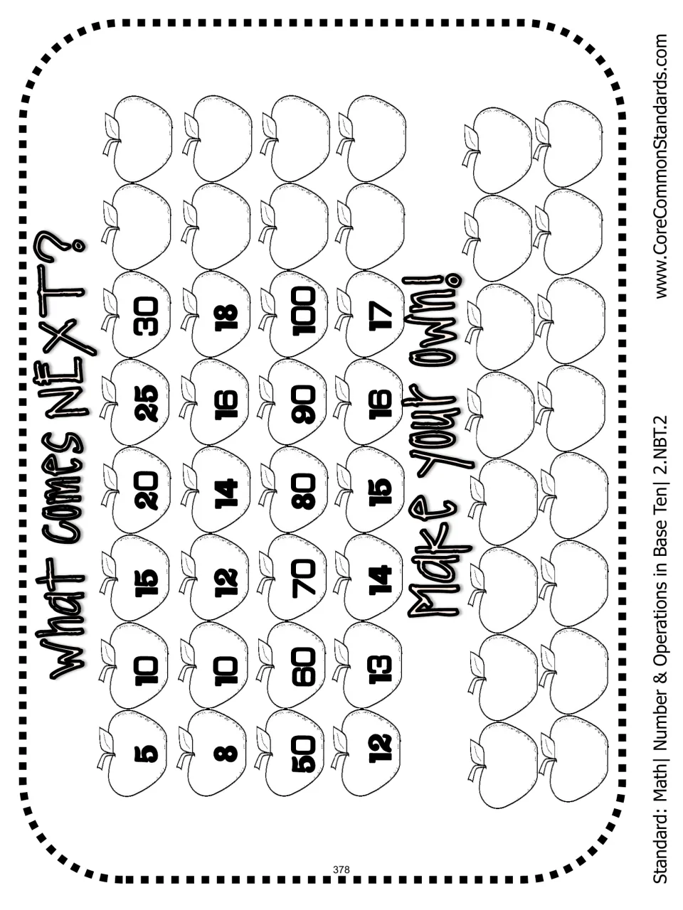 What Comes Next? activity asks students to extend counts by 5s, 2s, 10s, and 1s, then make their own.