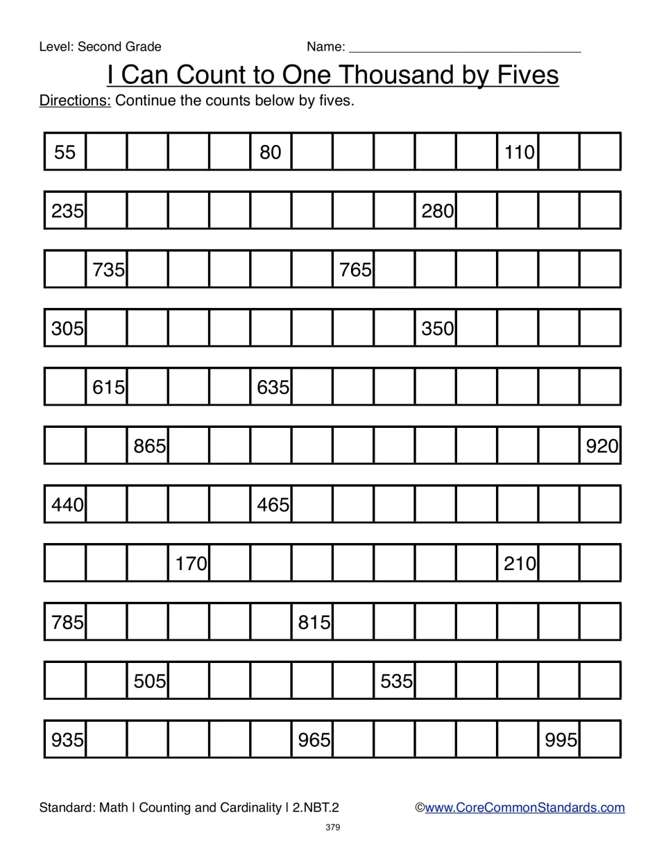 Counting-by-fives practice has 11 sequences to complete, including counts starting at 55, 235, and 305.