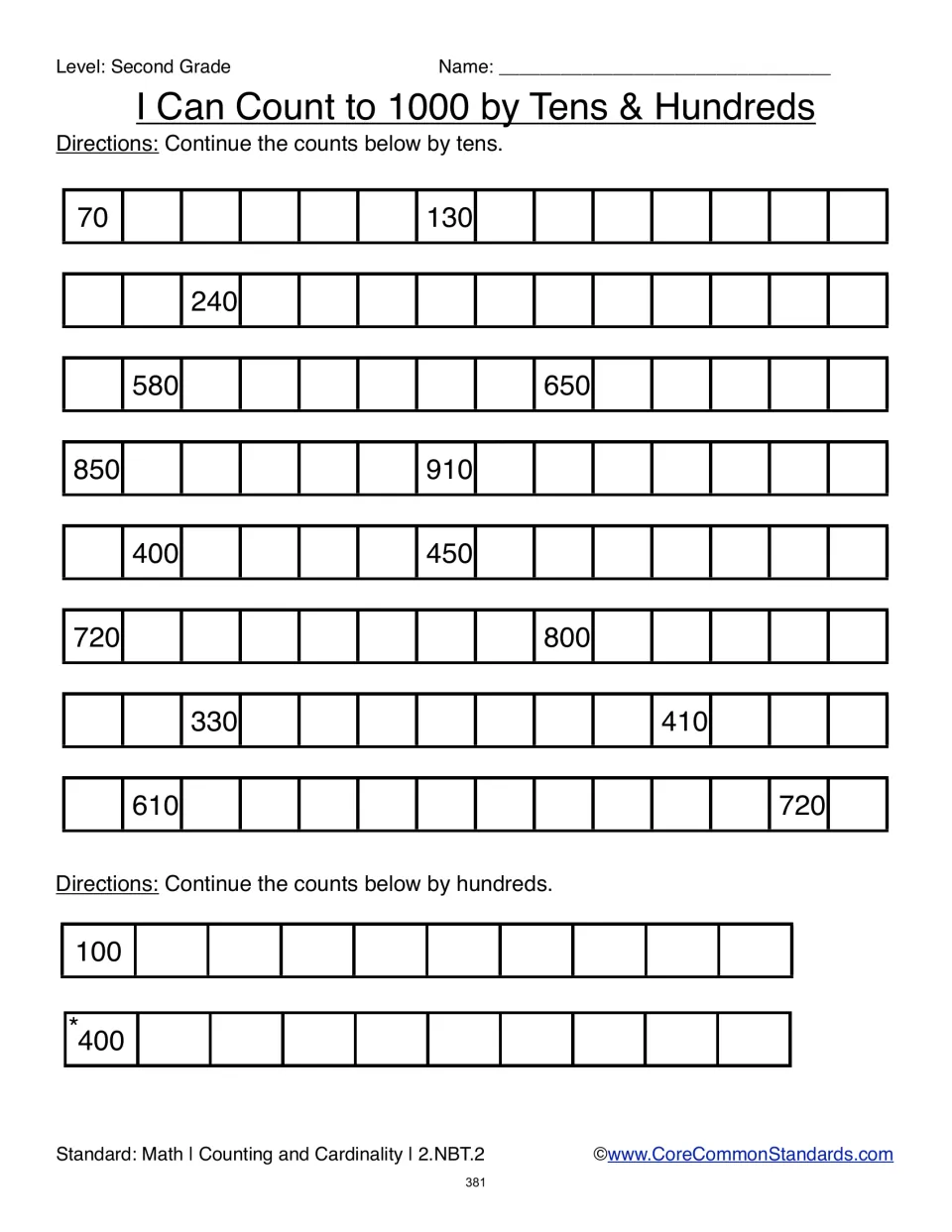 Counting practice includes eight sequences by tens and two by hundreds, with starting numbers 100 and 400.