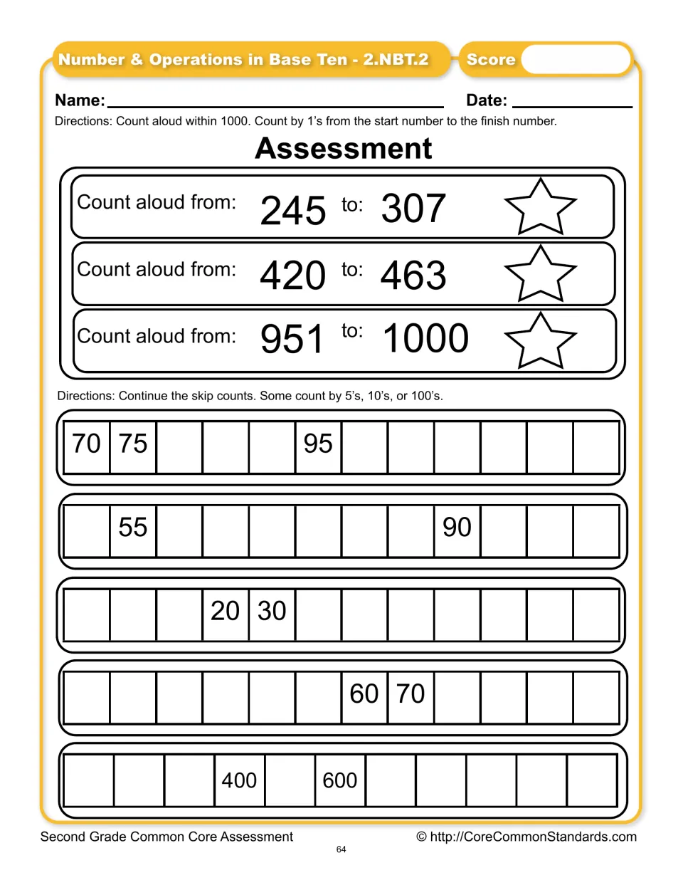 Counting assessment asks for oral counts from 245 to 307, 420 to 463, and 951 to 1000, plus skip counts.