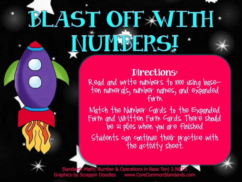 Blast Off with Numbers! cover: directions to match numeral, expanded-form, and word-form cards into 21 sets