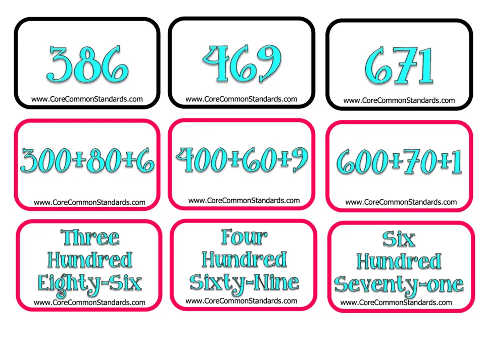 Matching cards for 386, 469, and 671 in numeral, expanded, and word form, from the 21-set activity
