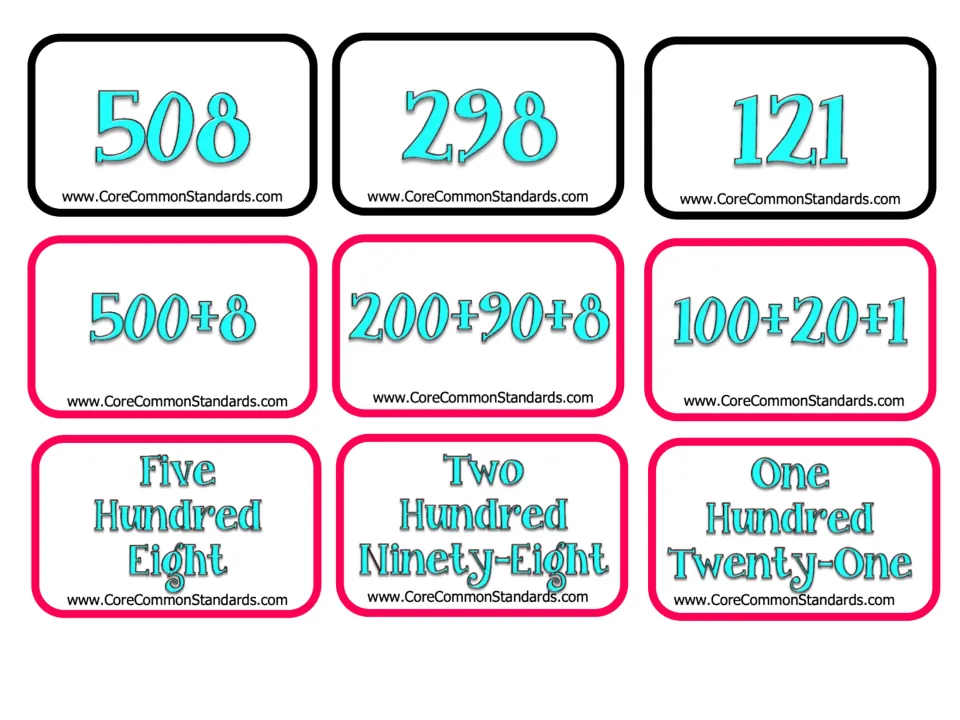 Matching cards for 508, 298, and 121 in numeral, expanded, and word form, from the 21-set activity