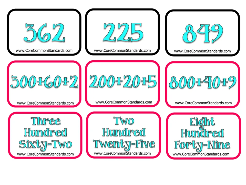 Matching cards for 362, 225, and 849 in numeral, expanded, and word form, from the 21-set activity