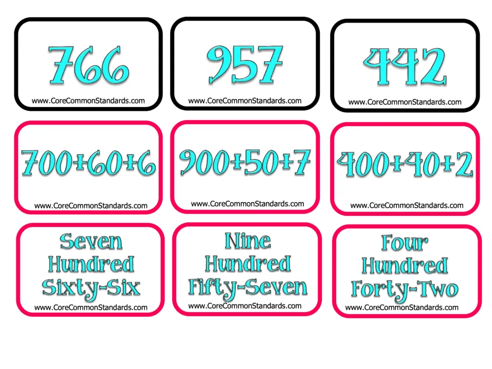 Matching cards for 766, 957, and 442 in numeral, expanded, and word form, from the 21-set activity