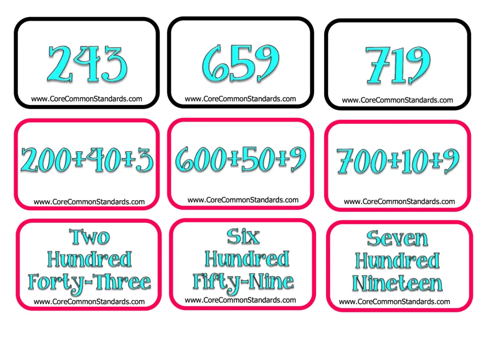 Matching cards for 243, 659, and 719 in numeral, expanded, and word form, from the 21-set activity