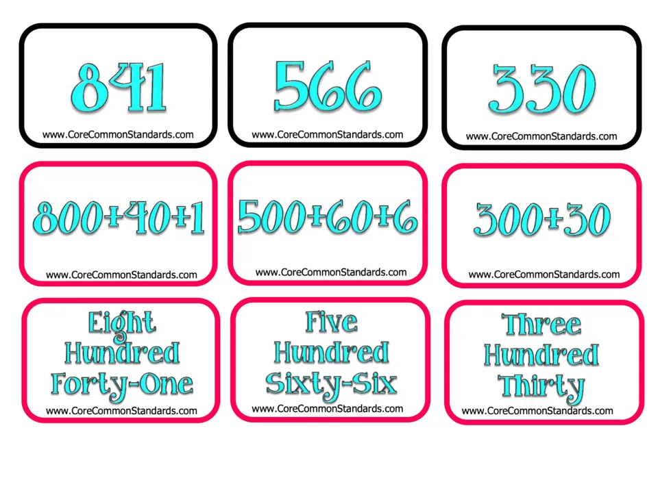 Matching cards for 841, 566, and 330 in numeral, expanded, and word form, from the 21-set activity
