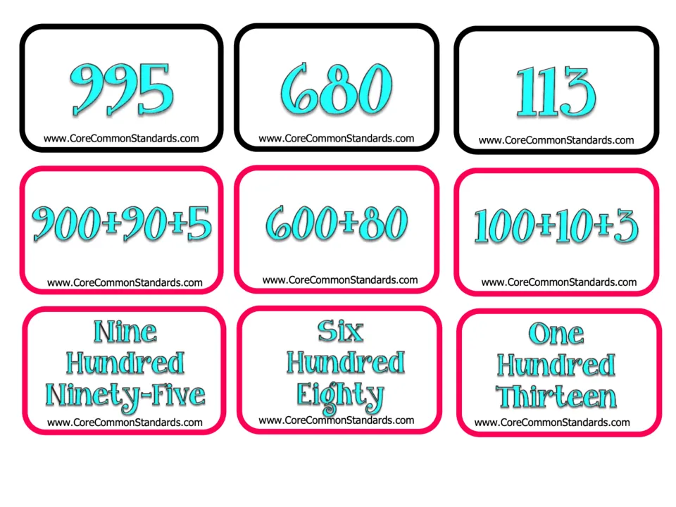 Matching cards for 995, 680, and 113 in numeral, expanded, and word form, from the 21-set activity