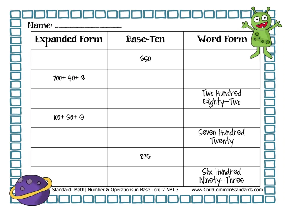 Follow-up activity: complete expanded, base-ten, and word forms for 350, 700+40+3, and five more prompts