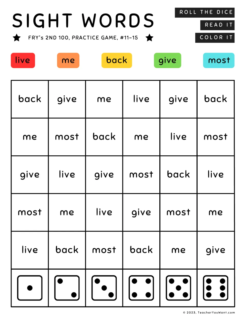 Fry’s second 100 sight word game, words 11–15: live, me, back, give, and most; roll, read, and color.