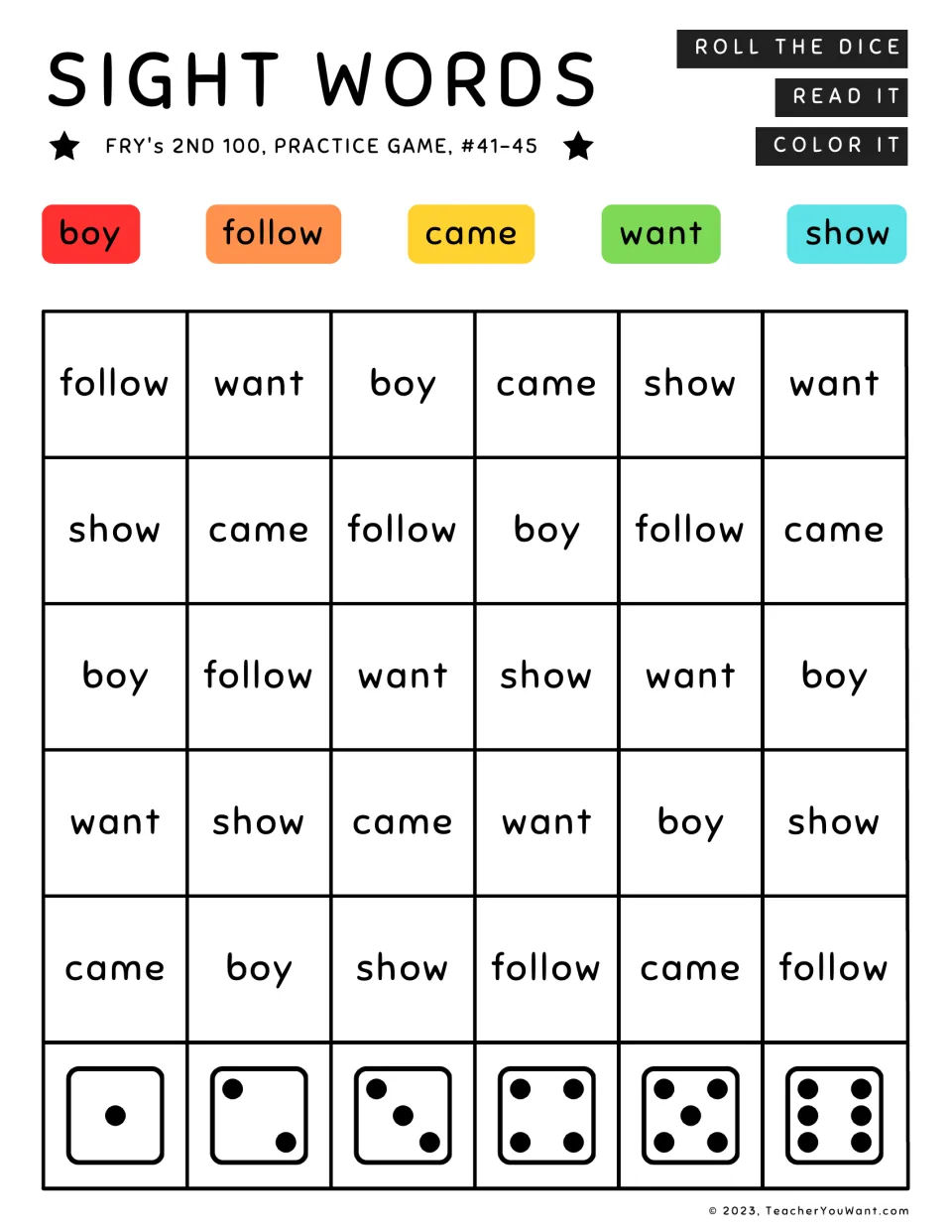 Fry’s second 100 sight word game, words 41–45: boy, follow, came, want, and show; roll, read, and color.