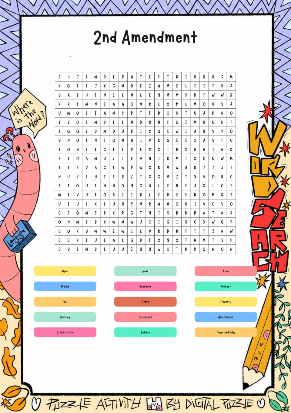 2nd Amendment word search: students find 15 words such as militia, freedom, constitution and responsibility