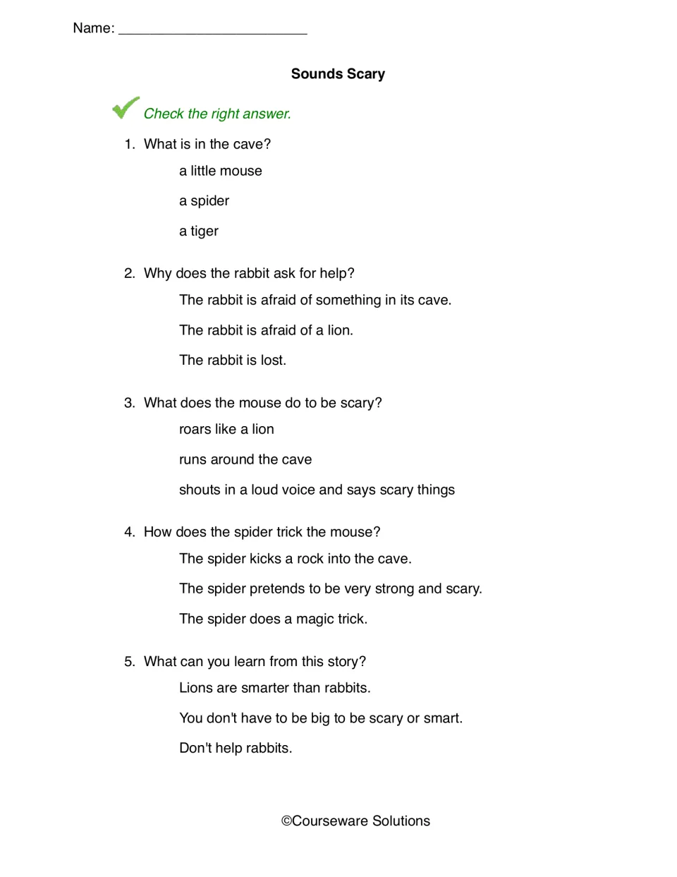 Sounds Scary questions: students check one answer in 5 multiple-choice items on the cave, the trick and the lesson