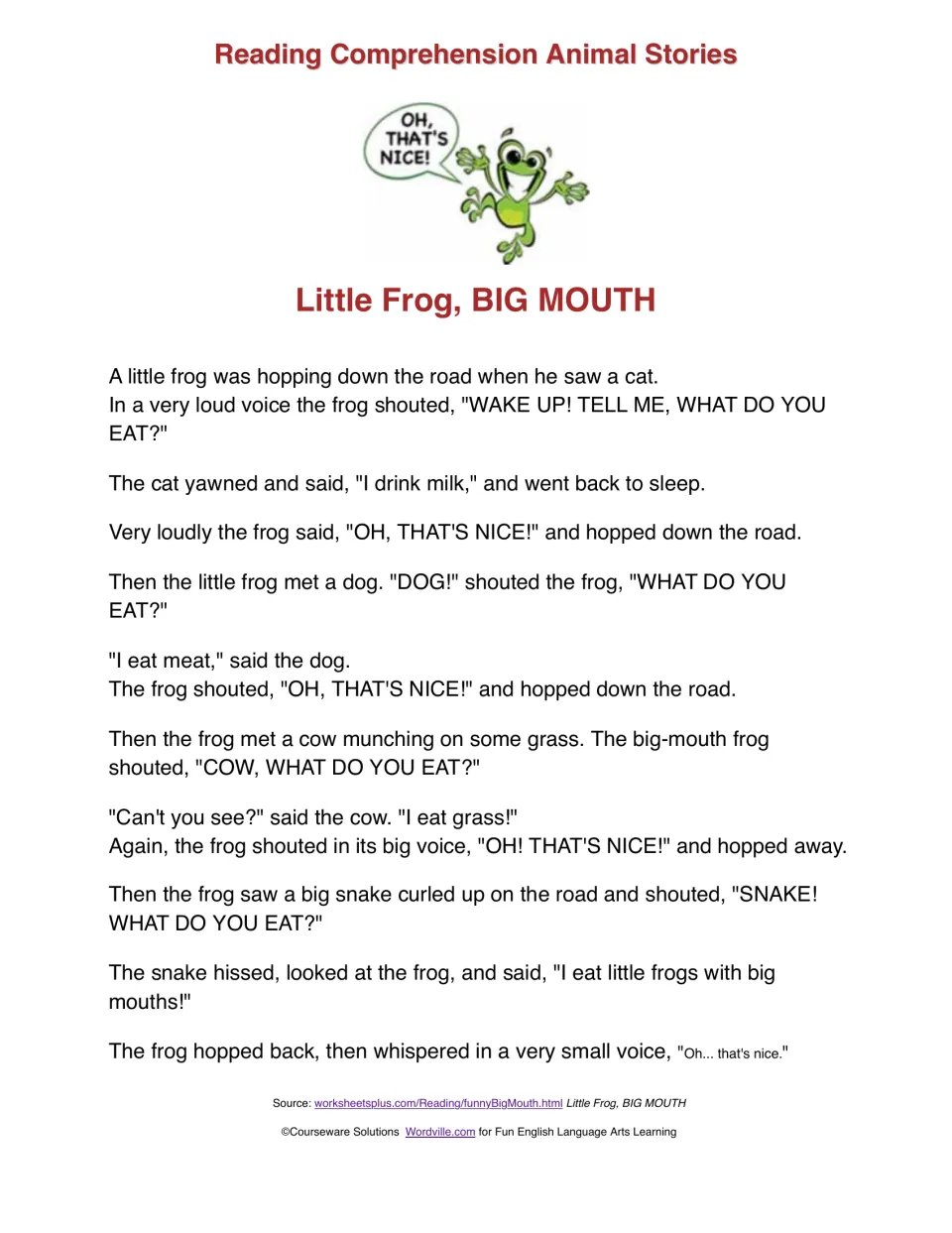 Little Frog, BIG MOUTH funny story: a loud frog asks a cat, dog, cow and snake what they eat until the snake answers