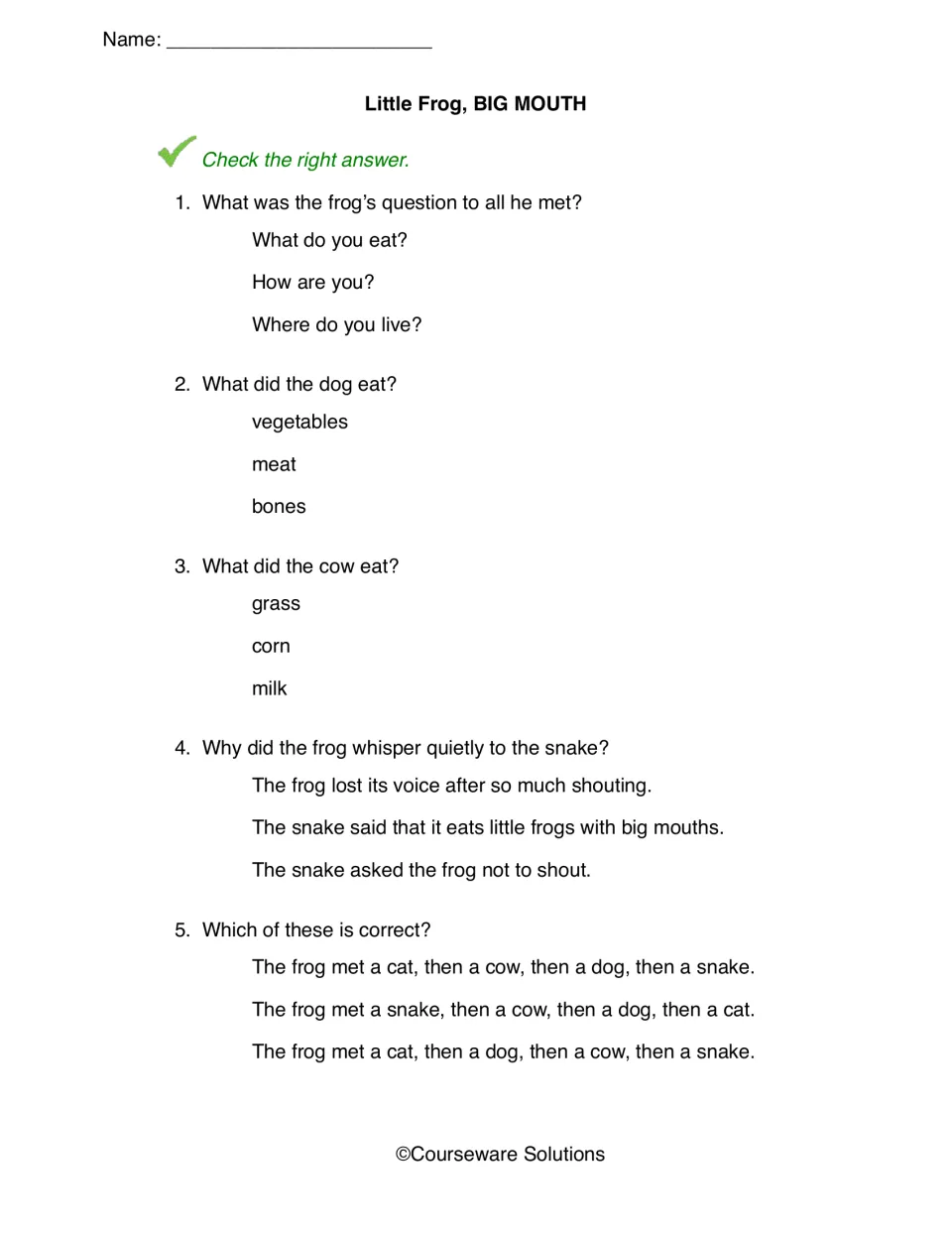 Little Frog, BIG MOUTH questions: students check answers on what each animal eats, why the frog whispers, and story order