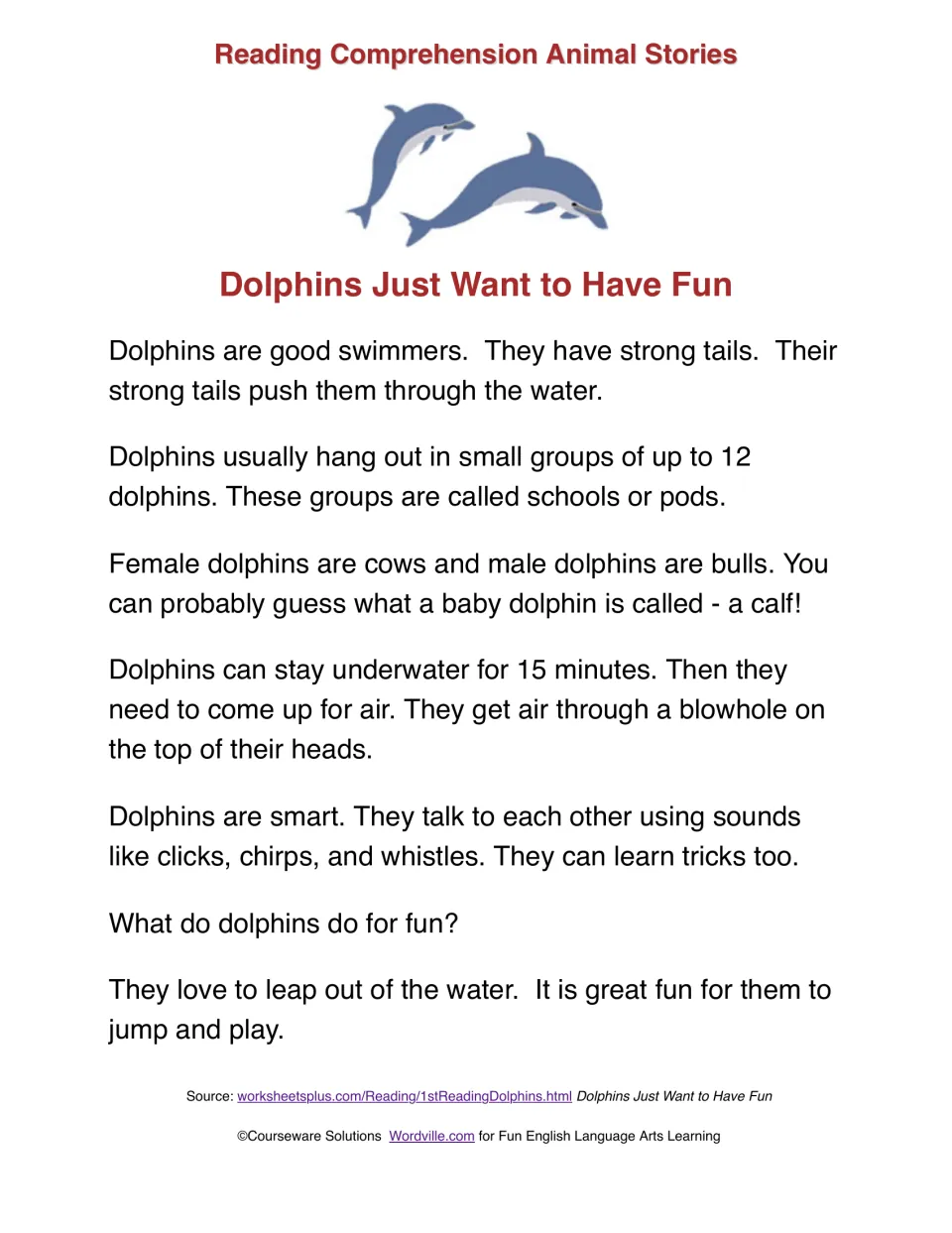 Dolphins Just Want to Have Fun informational text on dolphin tails, pods, calves, blowholes, clicks and leaping for fun