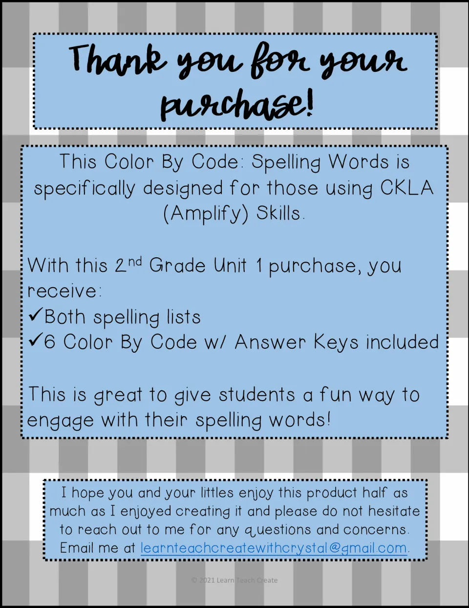 Thank-you page introducing the CKLA Unit 1 pack, including both spelling lists and six color-by-code activities