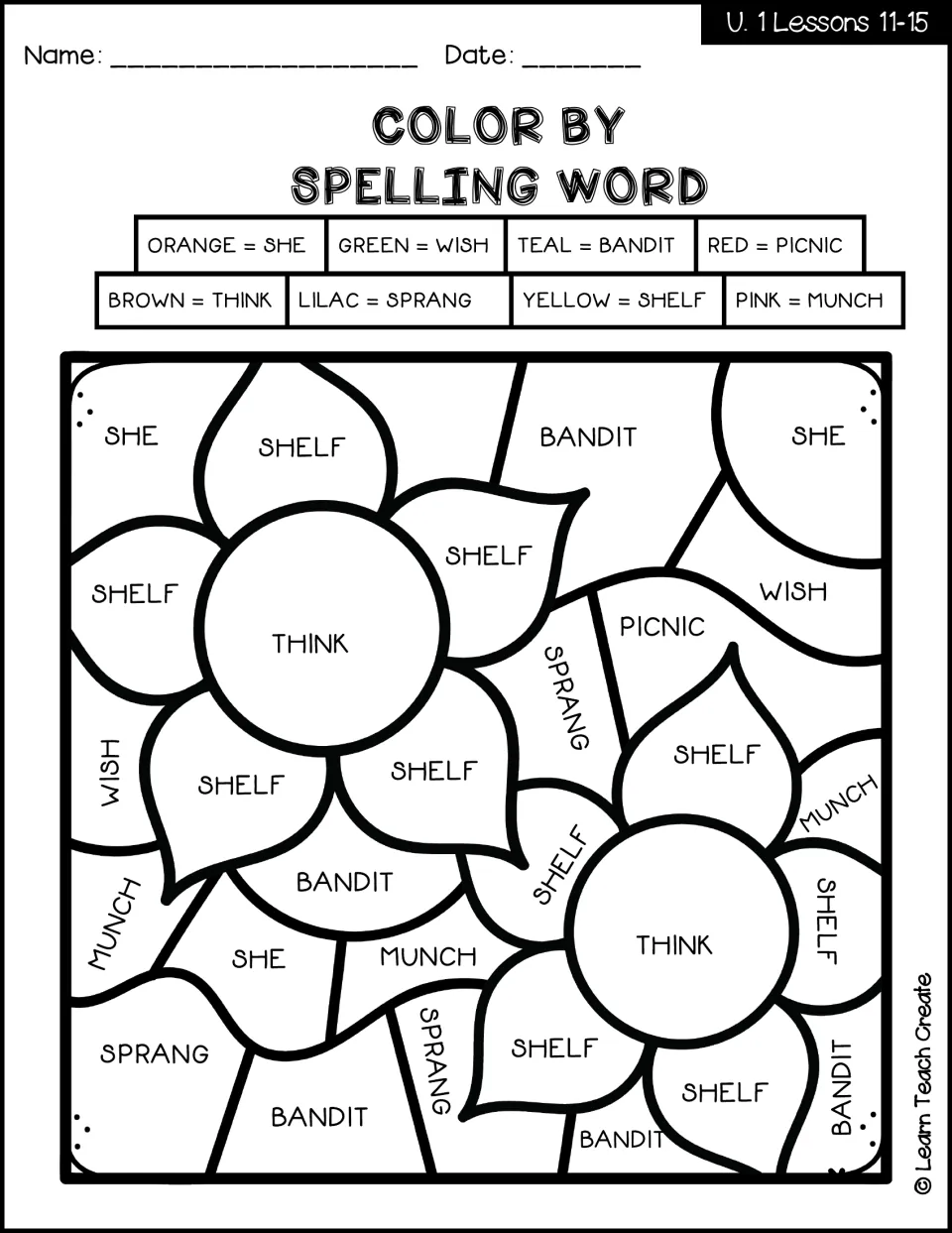Flower color-by-code spelling activity for lessons 11–15: she, wish, bandit, picnic, think, sprang, shelf, munch