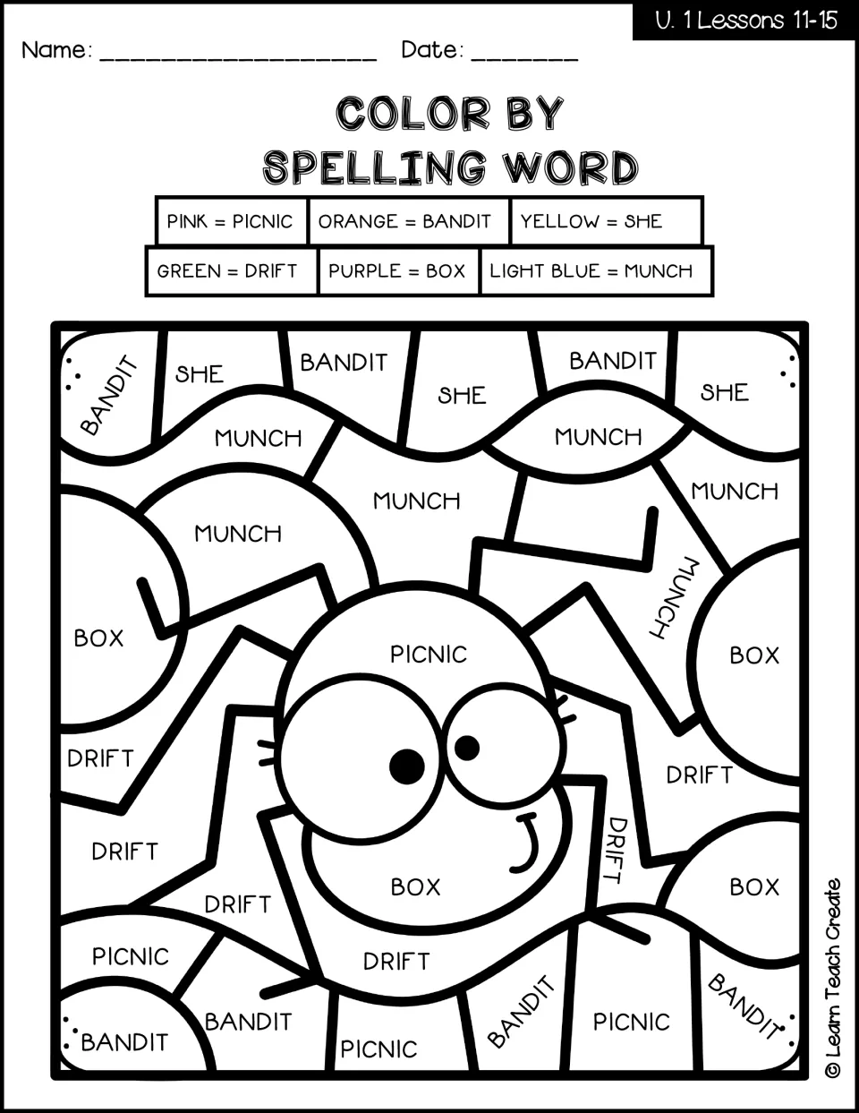 Spider color-by-code spelling activity for lessons 11–15 using picnic, bandit, she, drift, box, and munch
