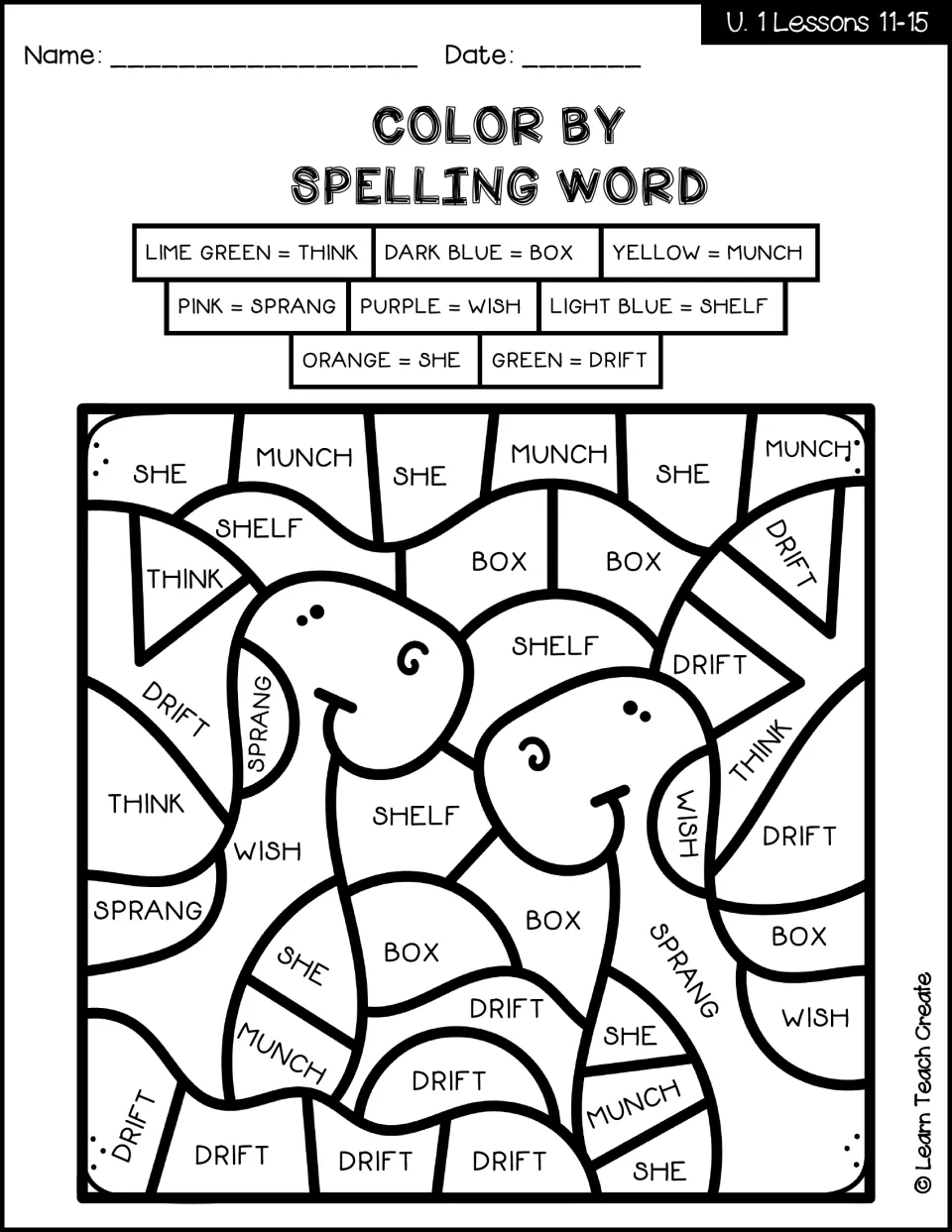 Dinosaur color-by-code activity for lessons 11–15: think, box, munch, sprang, wish, shelf, she, and drift
